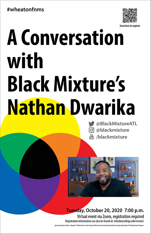 This poster advertises a virtual event with Visiting Artist Nathan Dwarika taking place Ovtober 20 at 7pm on Zoom.