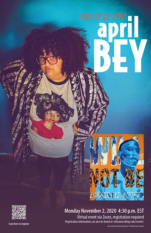 Poster advertising an artist talk with visual artis April Bey on Monday, November 2 at 4:30pm EST.