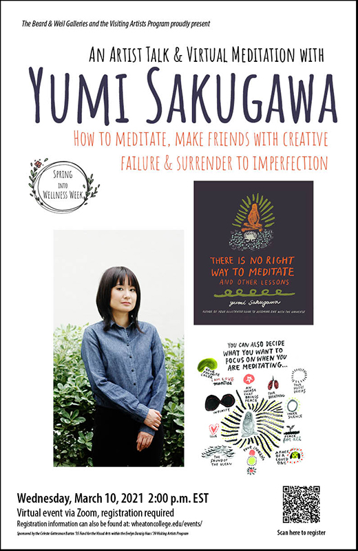 Poster advertising an artist talk and workshop with artist Yumi Sakugawa on March 10th at 2pm.