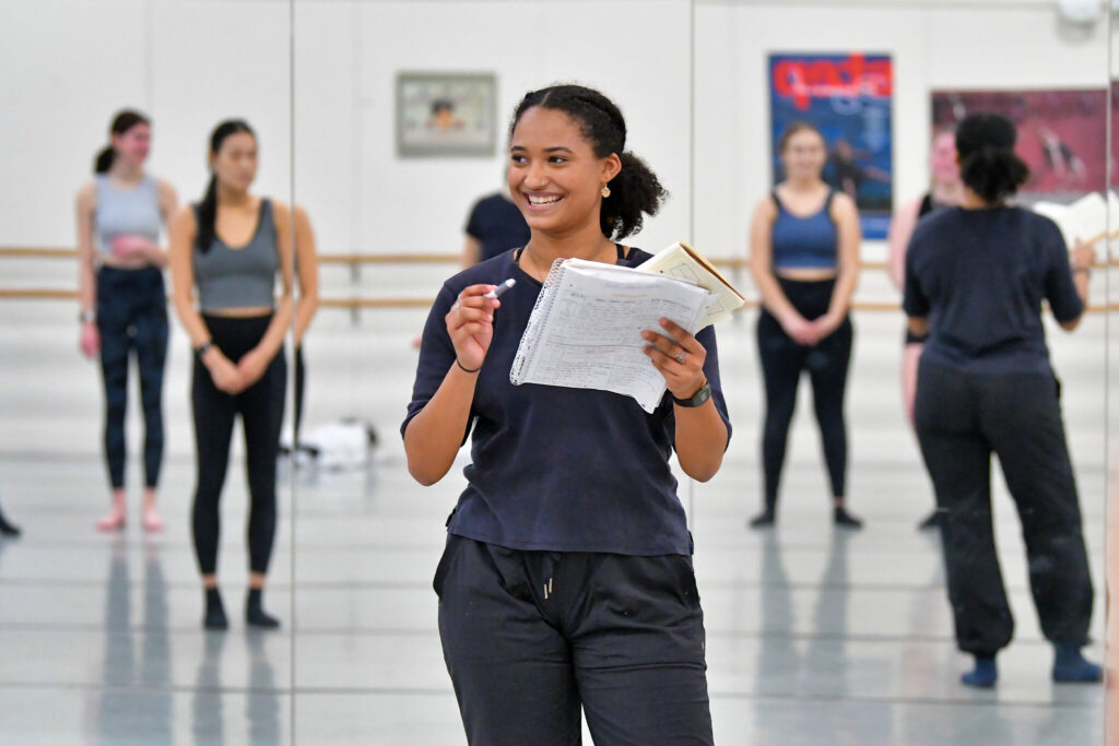 Izzi King ’22, a dancer with Urbanity Dance in Boston, works with members of the Wheaton College