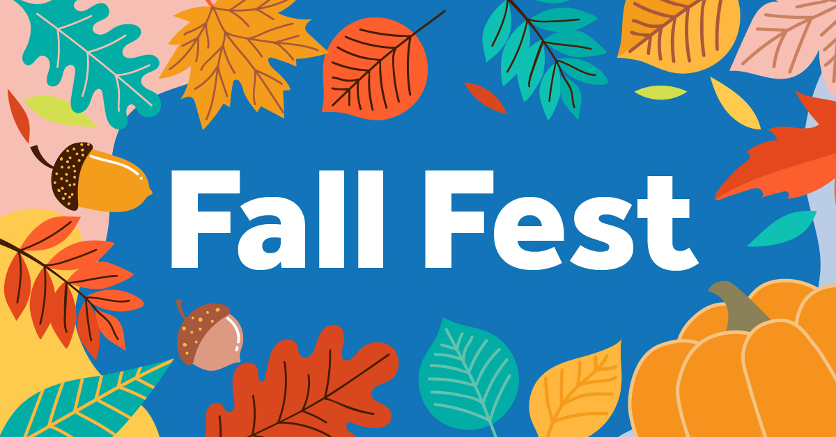 White Fall Fest text on a blue background with yellow, green, and red leaves, a pumpkin and acorns