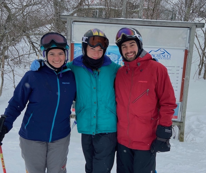 Alumni at Wachusett moutain in ski gear