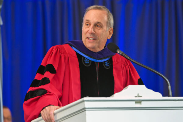 Honorary Degree recipient Lawrence S. Bacow speaking during the Commencement ceremony.