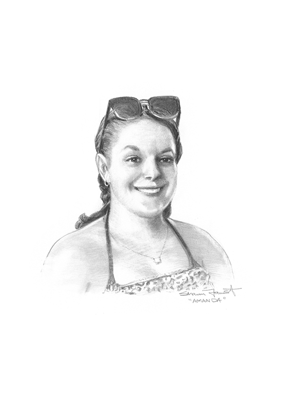 Pencil drawing of a smiling young white woman. The drawing is of her head and shoulders and her hair is pulled back by the sunglasses on her head.