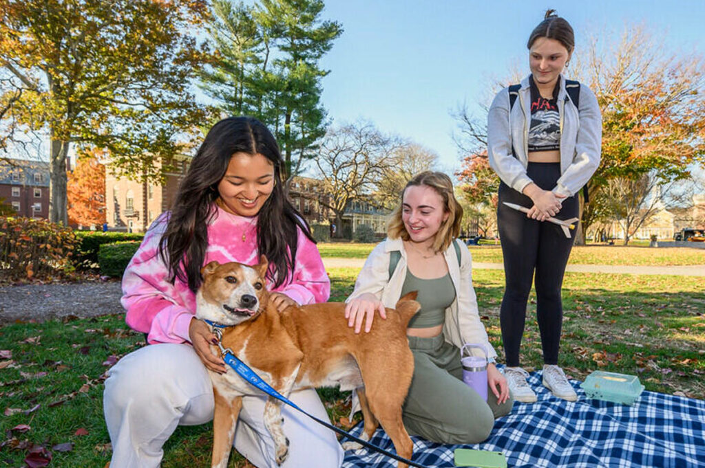Students smiling with therapy dog Tito