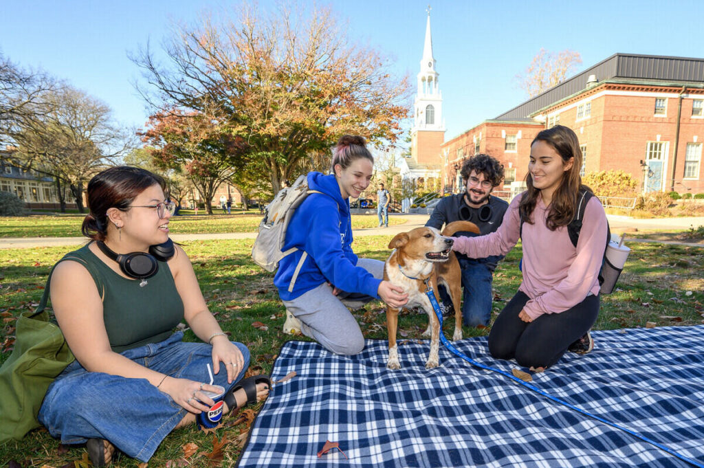 Students with therapy dog Tito on blanket