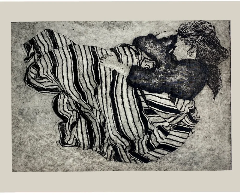 Black and white relief print by artist Magda Leon of a reclining figure under a striped blanket