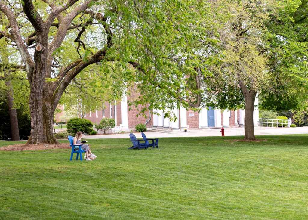 A student is seated in an Adirondak chair reading a book underneath an elm tree in 2024.