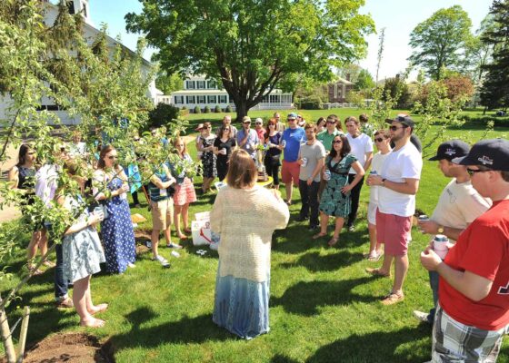 A group of young people gather on a lawn among a growing orchard of apple trees.